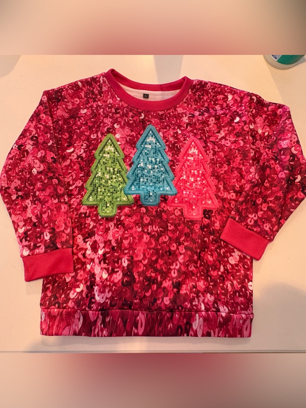 Pink Sequin Holiday Sweatshirt with Tree Appliqués Printed on Sweatshirt Size L